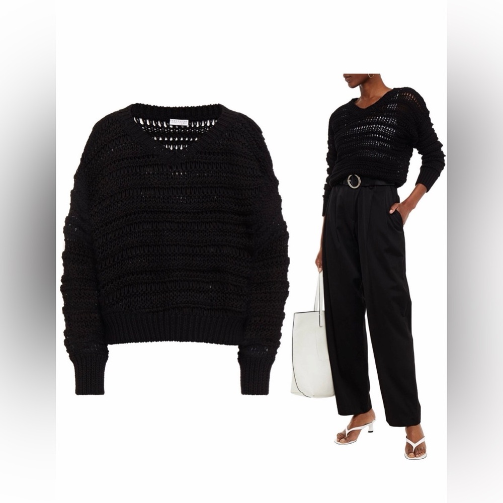 Brunello Cucinelli Black Open Knit Cotton Sweater Size S – 100% Cotton